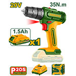 Set Taladro 20V + Bat 1.5A + Cargador 1500rpm 35Nm